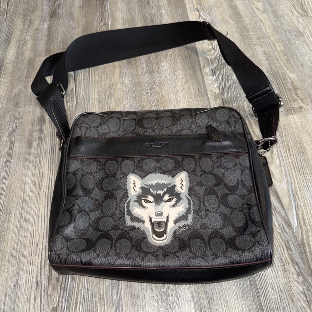 Coach Charles Camera Bag in Signature Canvas with Wolf Motif, GUC